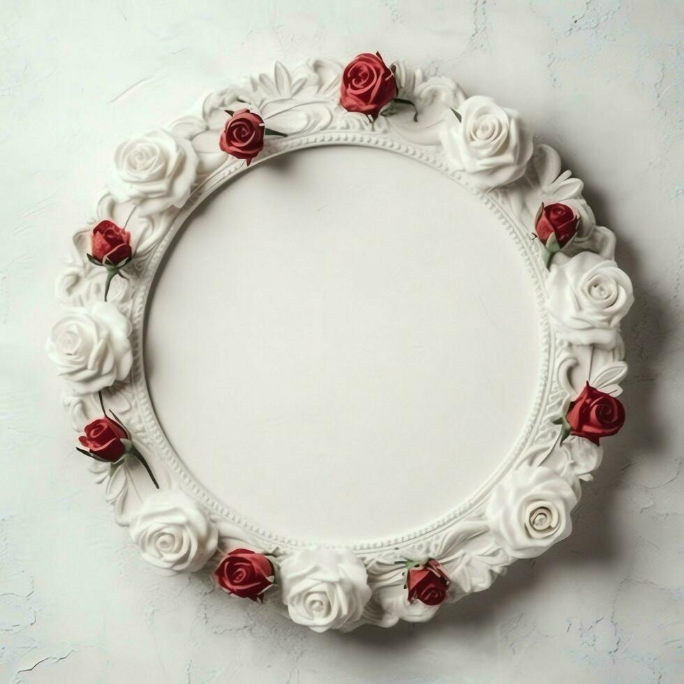 Romantic bouquet of blank floral pink blossoms with copy space. Natural floral rose frame layout concept by AI Generated photo