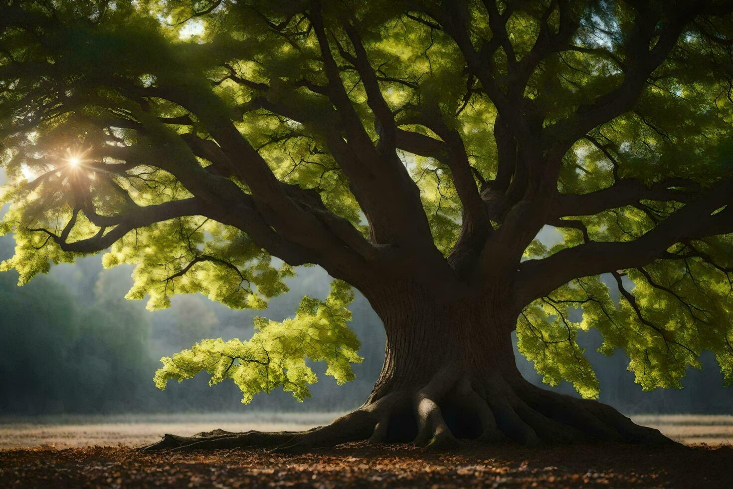 a large tree with the sun shining through it. AI-Generated photo