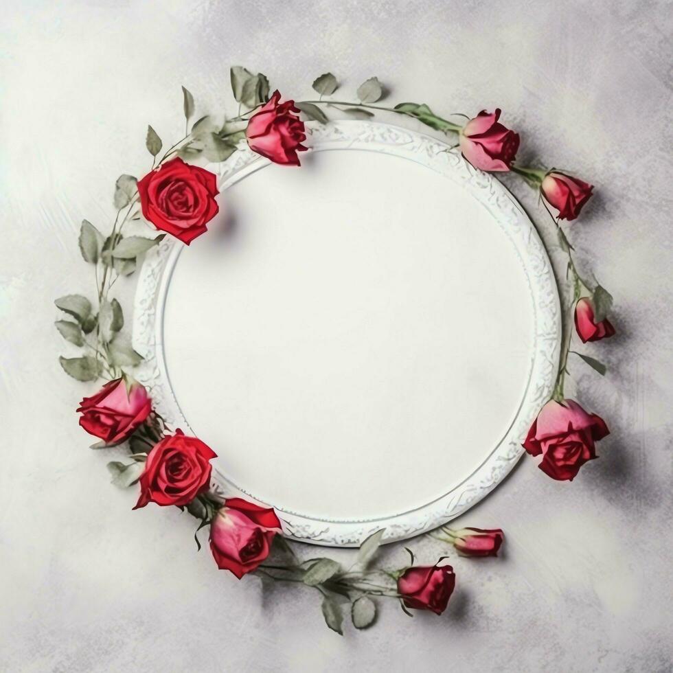 Romantic bouquet of blank floral pink blossoms with copy space. Natural floral rose frame layout concept by AI Generated photo