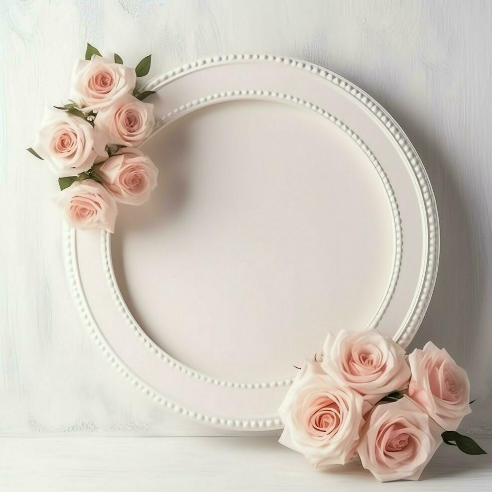 Romantic bouquet of blank floral pink blossoms with copy space. Natural floral rose frame layout concept by AI Generated photo