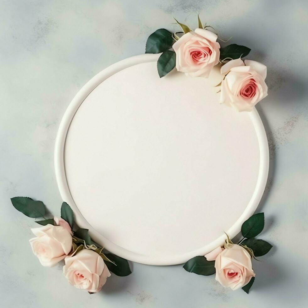 Romantic bouquet of blank floral pink blossoms with copy space. Natural floral rose frame layout concept by AI Generated photo