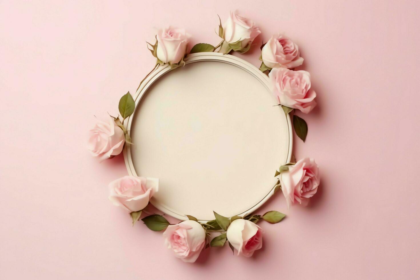 Romantic bouquet of blank floral pink blossoms with copy space. Natural floral rose frame layout concept by AI Generated photo