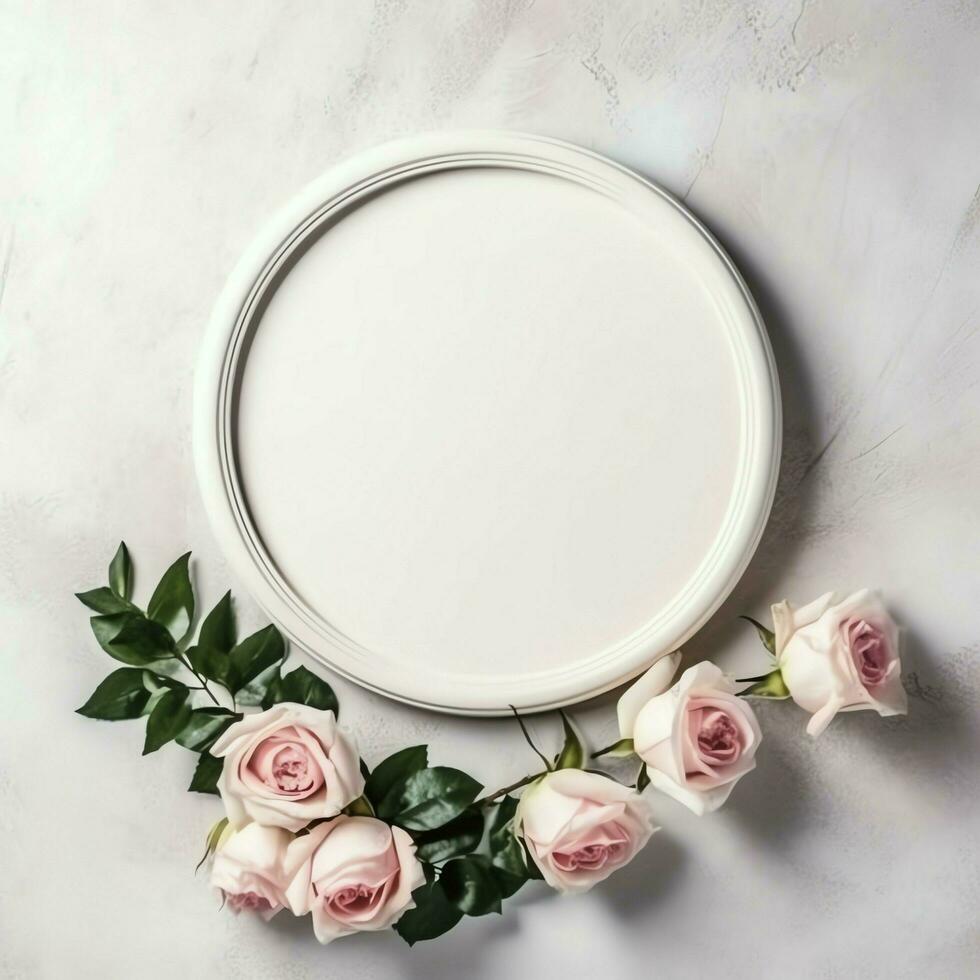 Romantic bouquet of blank floral pink blossoms with copy space. Natural floral rose frame layout concept by AI Generated photo