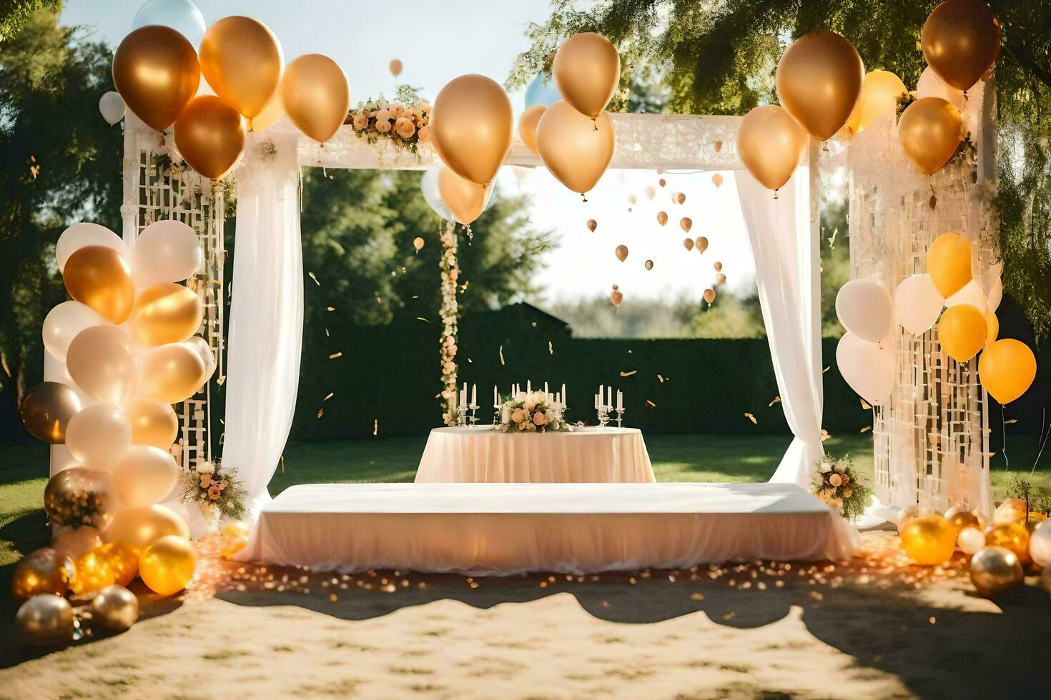 a wedding ceremony with gold balloons and white table cloth. AI-Generated photo