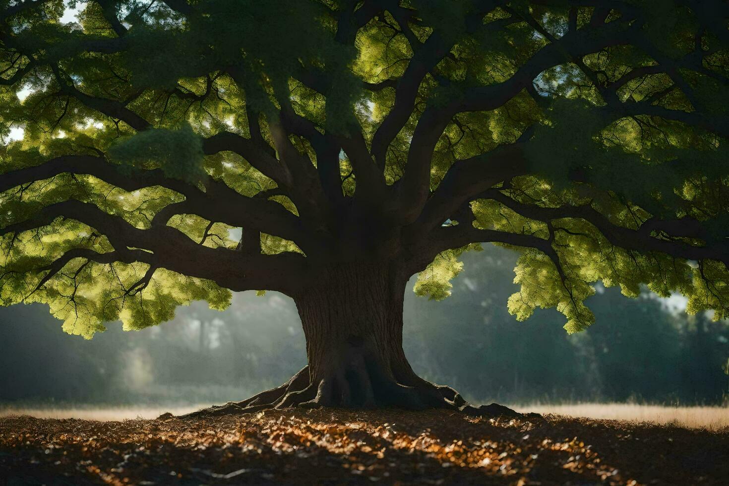 the sun shines through the leaves of a large tree. AI-Generated photo