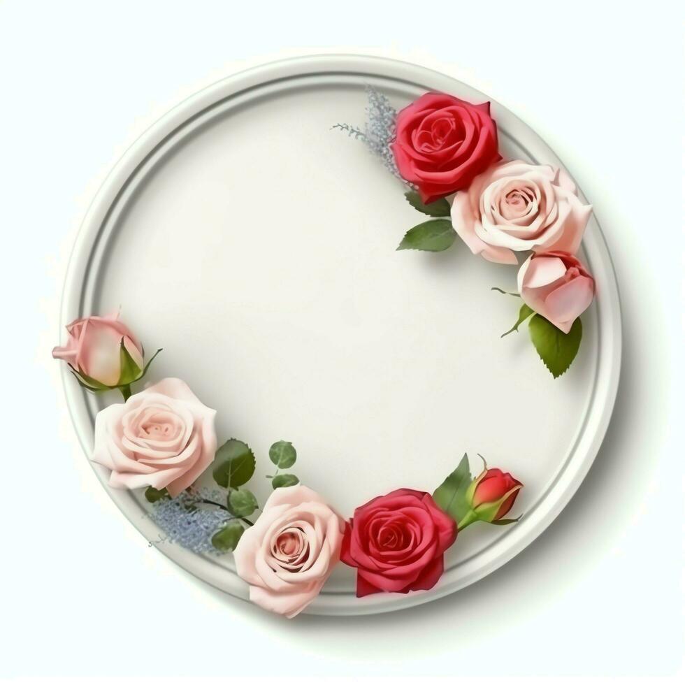 Romantic bouquet of blank floral pink blossoms with copy space. Natural floral rose frame layout concept by AI Generated photo