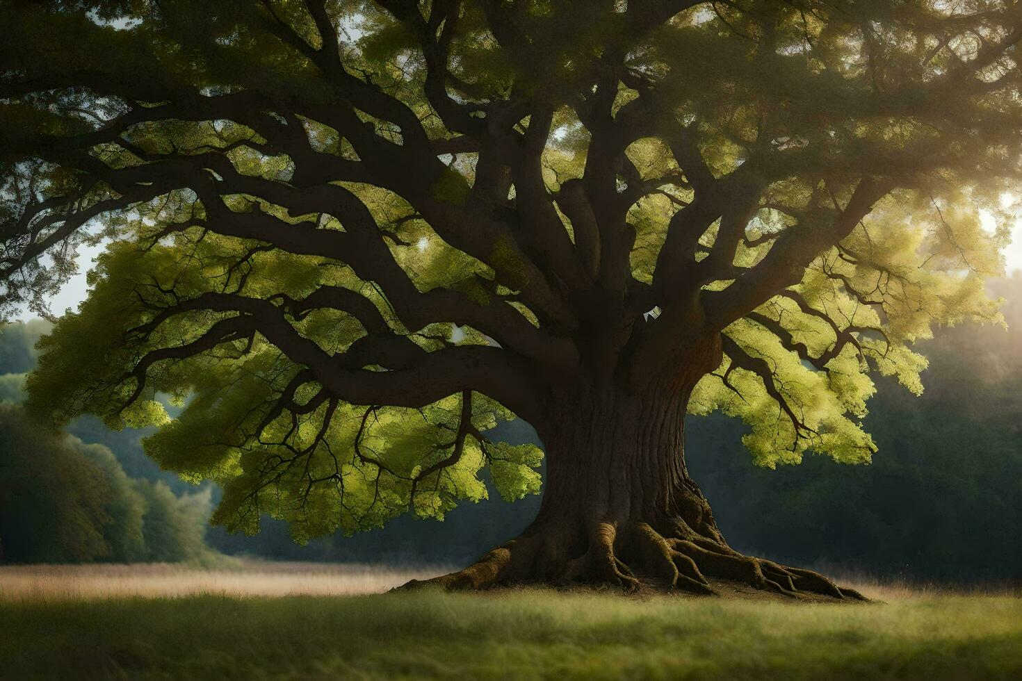 the sun shines through the tree in the middle of a field. AI-Generated photo
