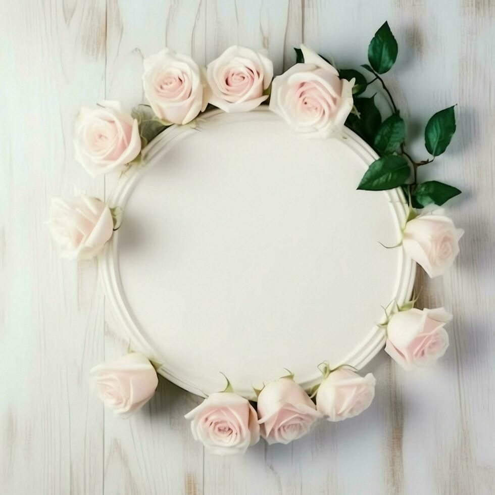 Romantic bouquet of blank floral pink blossoms with copy space. Natural floral rose frame layout concept by AI Generated photo