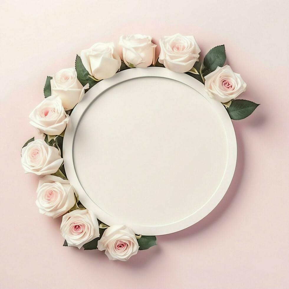 Romantic bouquet of blank floral pink blossoms with copy space. Natural floral rose frame layout concept by AI Generated photo
