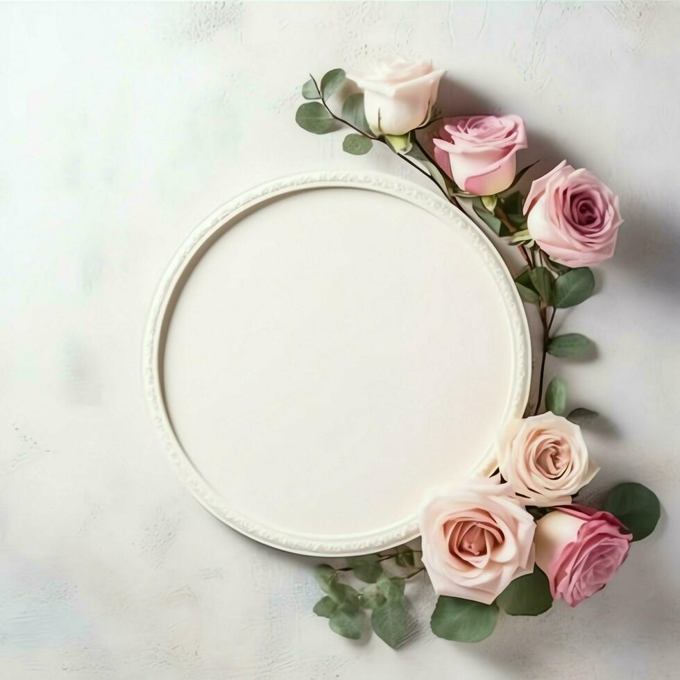 Romantic bouquet of blank floral pink blossoms with copy space. Natural floral rose frame layout concept by AI Generated photo