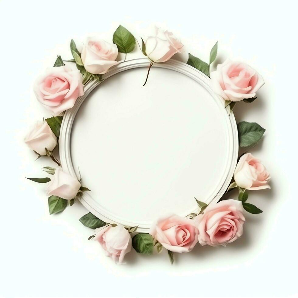 Romantic bouquet of blank floral pink blossoms with copy space. Natural floral rose frame layout concept by AI Generated photo