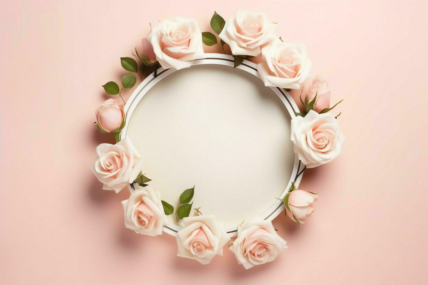 Romantic bouquet of blank floral pink blossoms with copy space. Natural floral rose frame layout concept by AI Generated photo