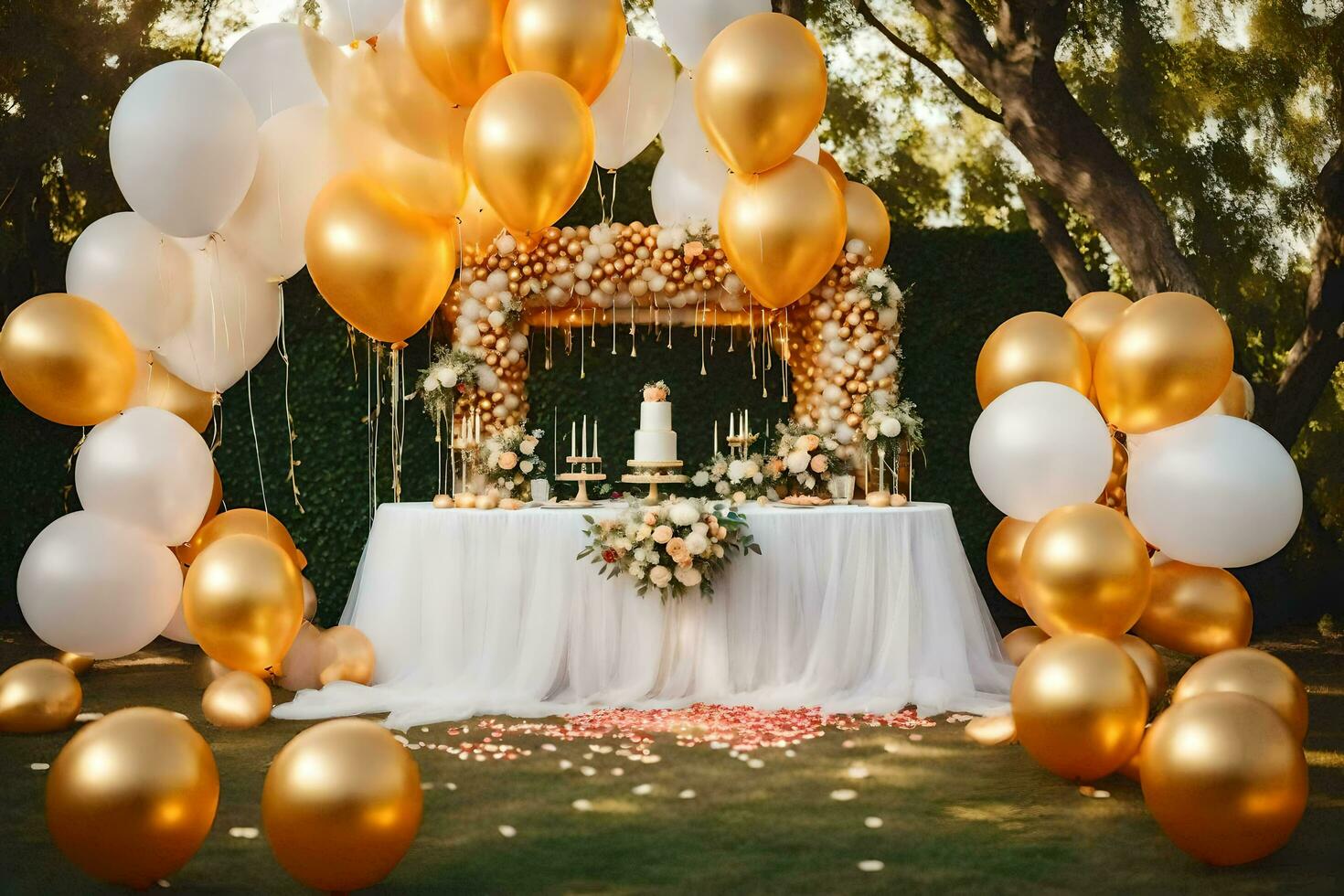 a wedding table covered in gold balloons. AI-Generated photo