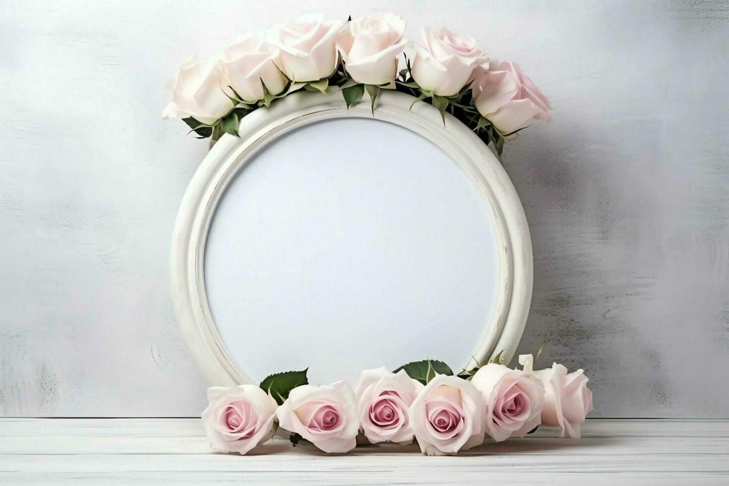 Romantic bouquet of blank floral pink blossoms with copy space. Natural floral rose frame layout concept by AI Generated photo