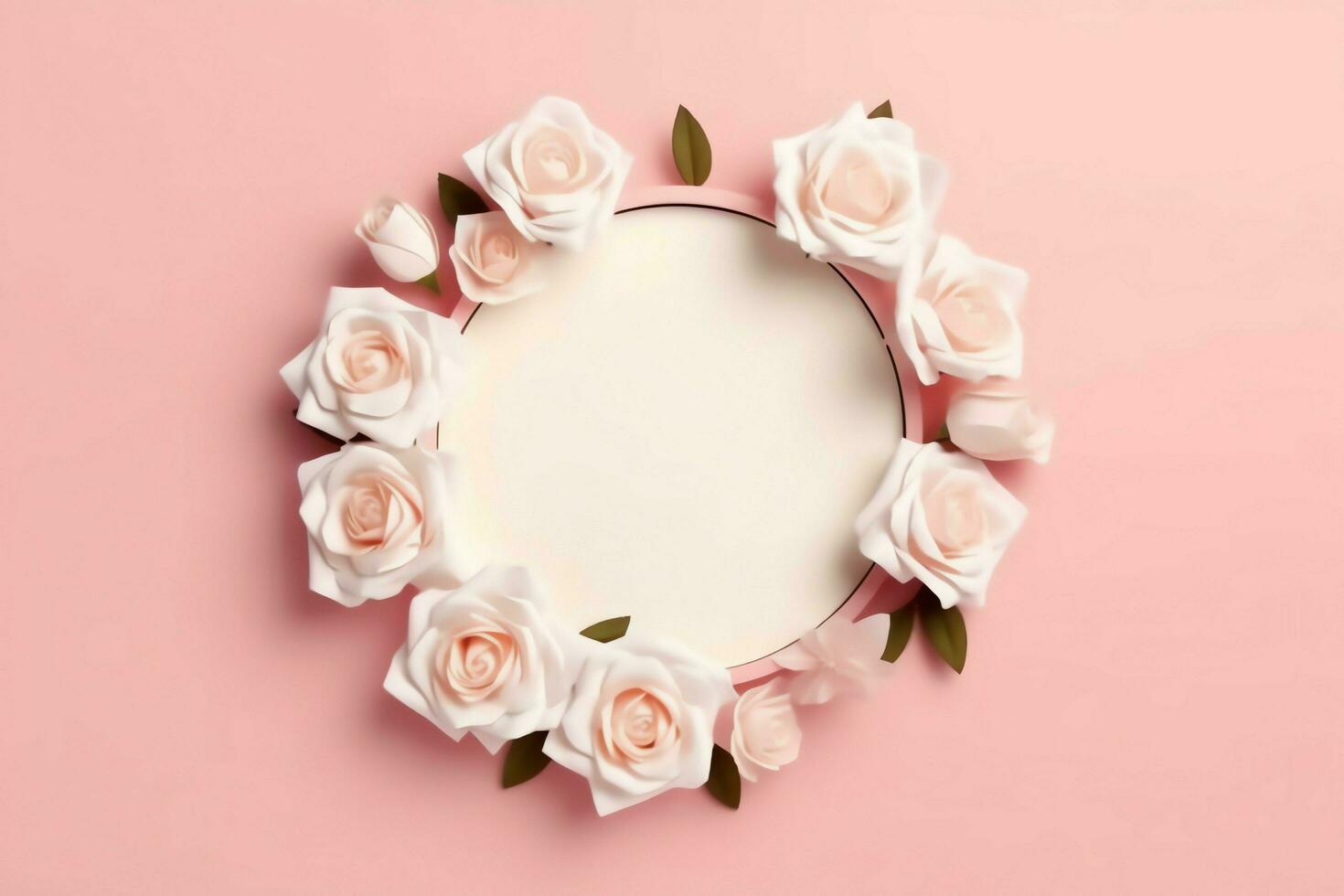 Romantic bouquet of blank floral pink blossoms with copy space. Natural floral rose frame layout concept by AI Generated photo