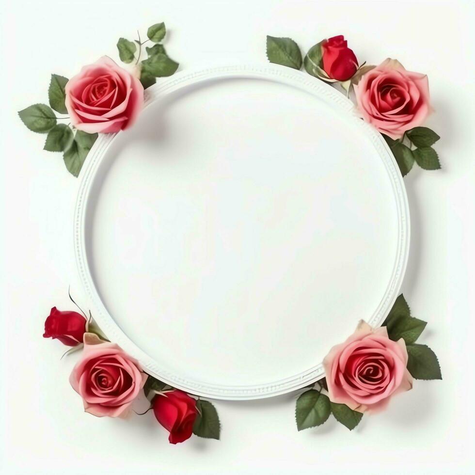 Romantic bouquet of blank floral pink blossoms with copy space. Natural floral rose frame layout concept by AI Generated photo