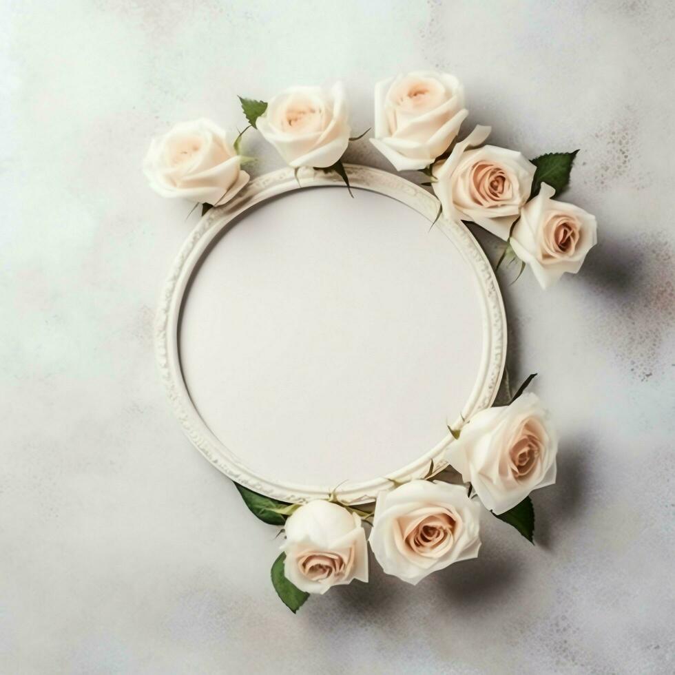 Romantic bouquet of blank floral pink blossoms with copy space. Natural floral rose frame layout concept by AI Generated photo