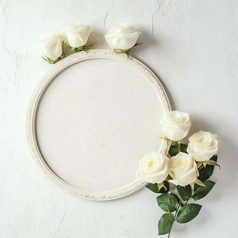 Romantic bouquet of blank floral pink blossoms with copy space. Natural floral rose frame layout concept by AI Generated photo
