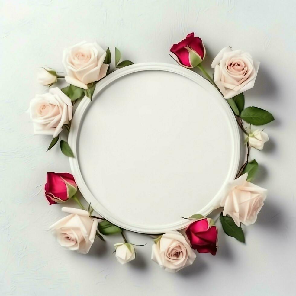 Romantic bouquet of blank floral pink blossoms with copy space. Natural floral rose frame layout concept by AI Generated photo