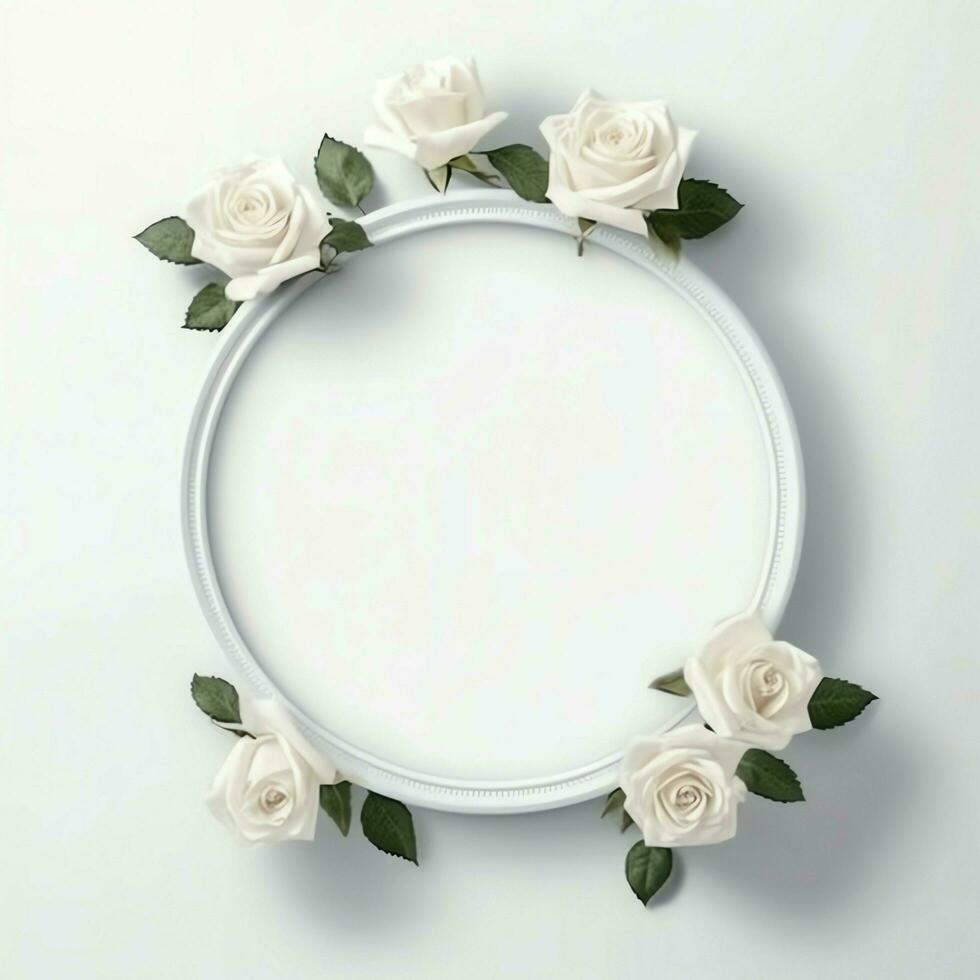 Romantic bouquet of blank floral pink blossoms with copy space. Natural floral rose frame layout concept by AI Generated photo
