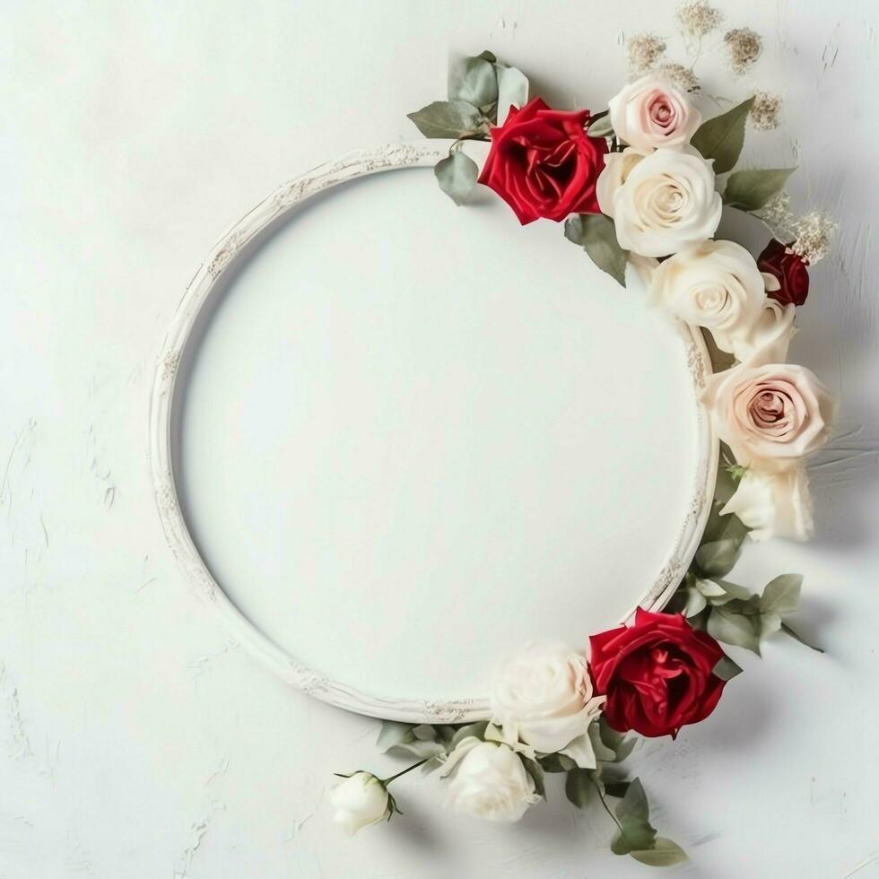 Romantic bouquet of blank floral pink blossoms with copy space. Natural floral rose frame layout concept by AI Generated photo
