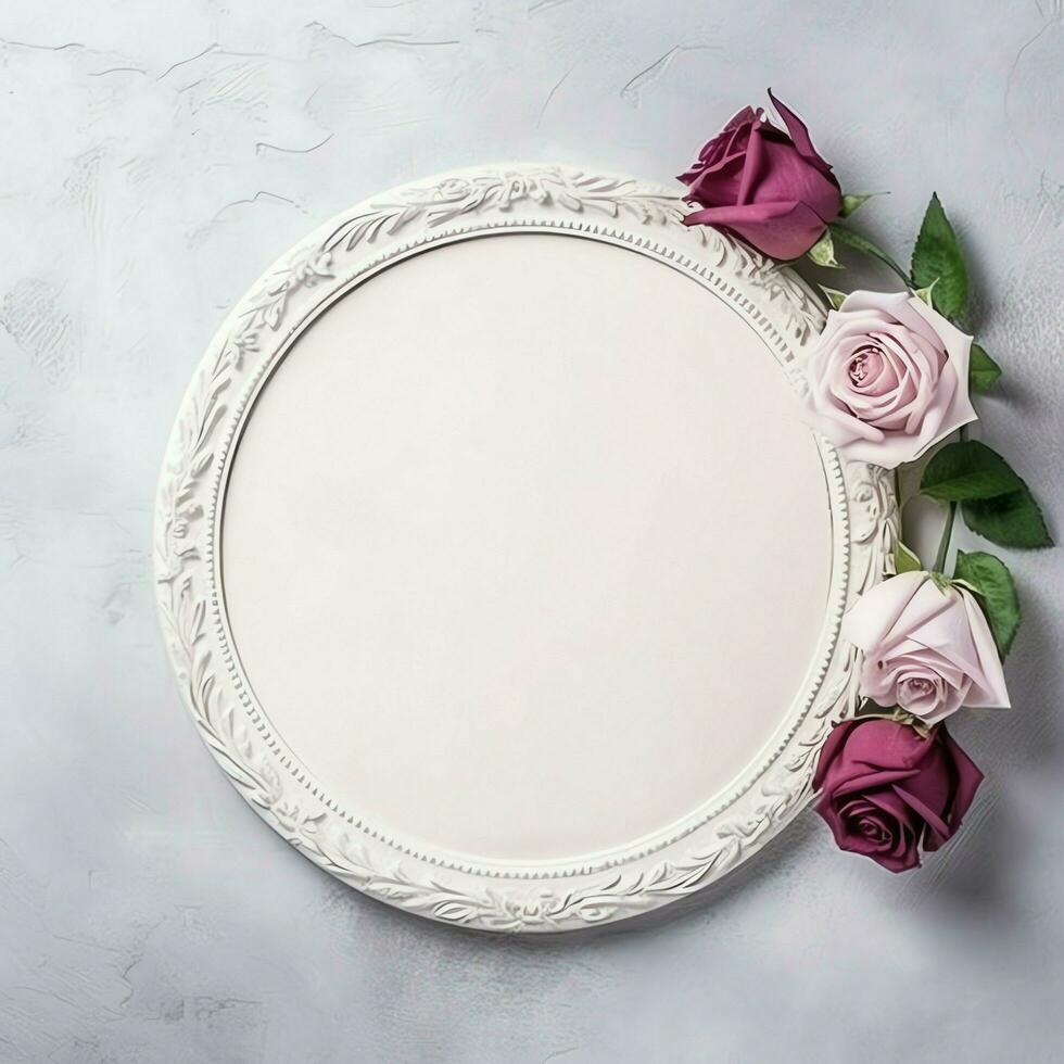 Romantic bouquet of blank floral pink blossoms with copy space. Natural floral rose frame layout concept by AI Generated photo