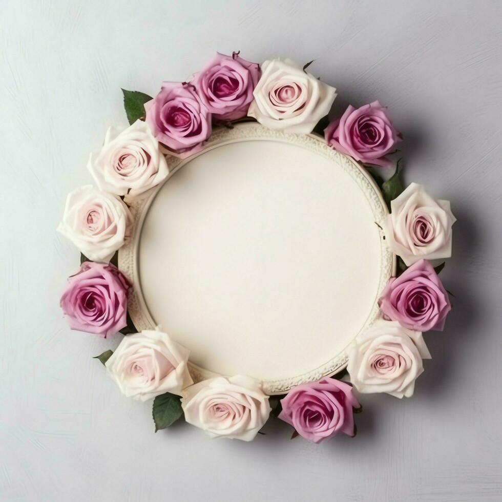 Romantic bouquet of blank floral pink blossoms with copy space. Natural floral rose frame layout concept by AI Generated photo