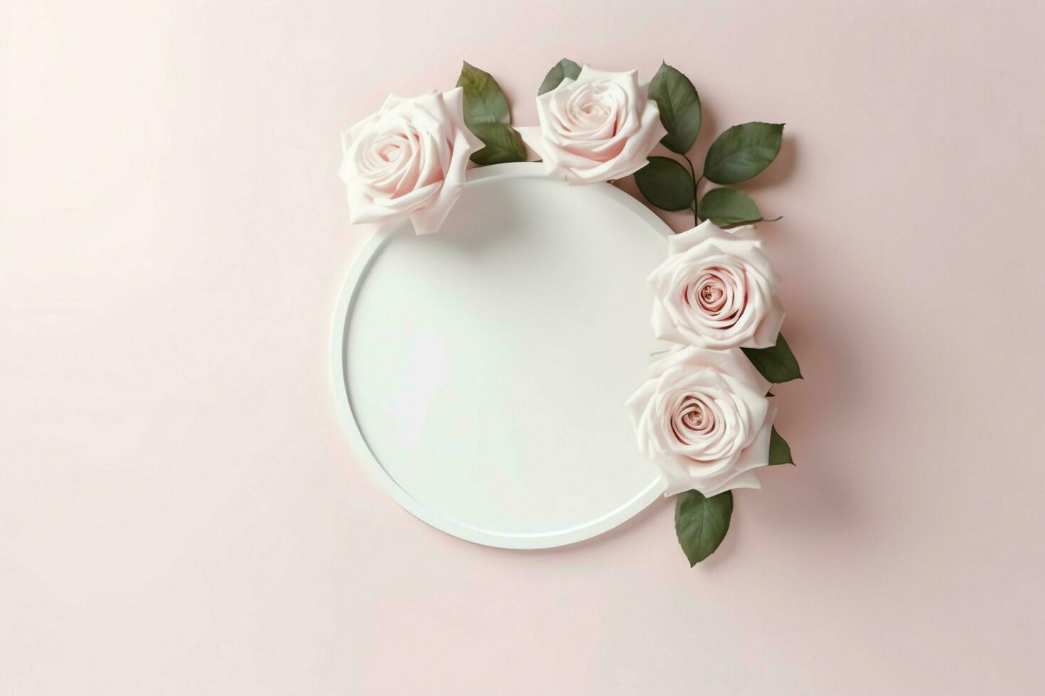 Romantic bouquet of blank floral pink blossoms with copy space. Natural floral rose frame layout concept by AI Generated photo