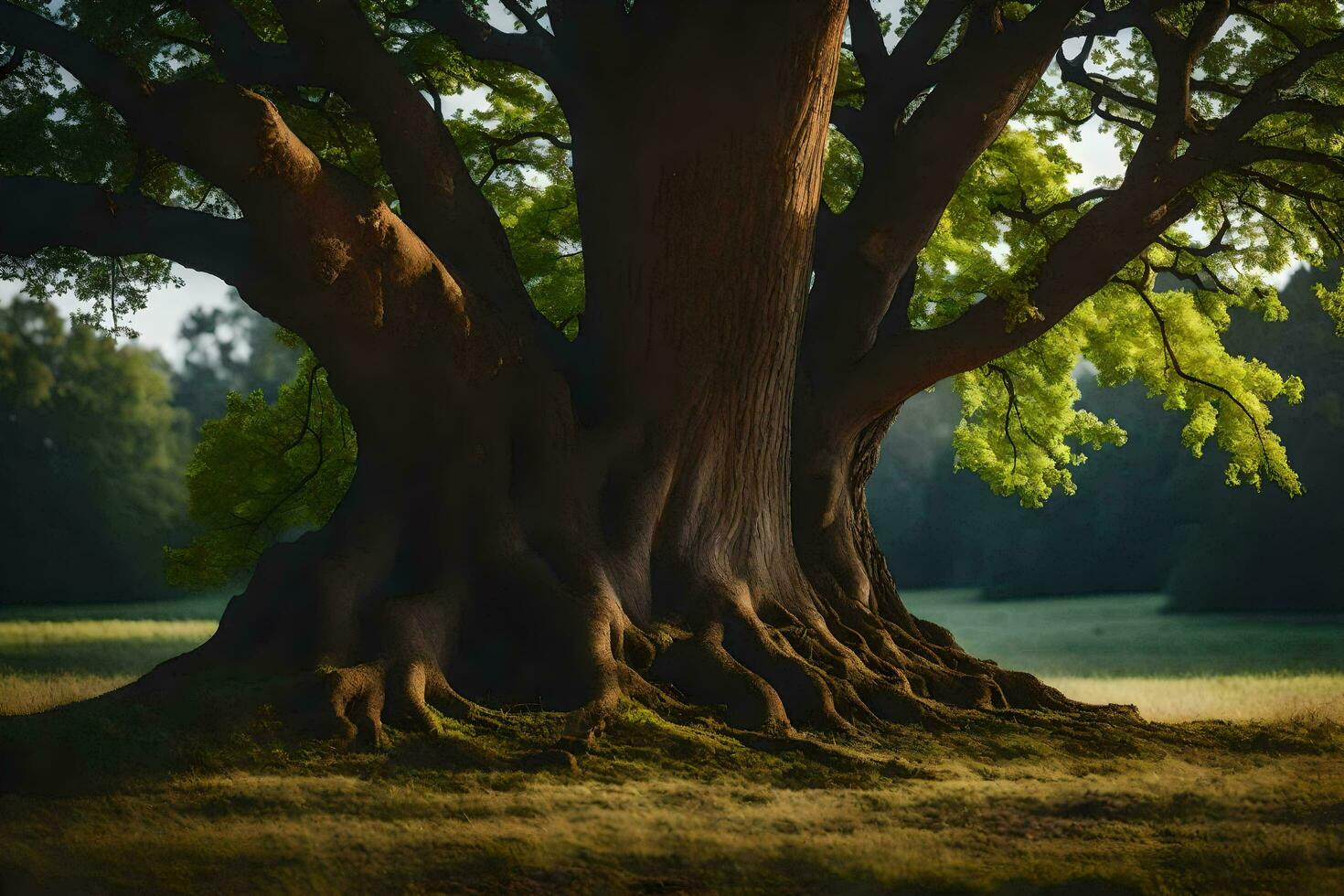 un grande árbol con raíces en el césped. generado por ai foto