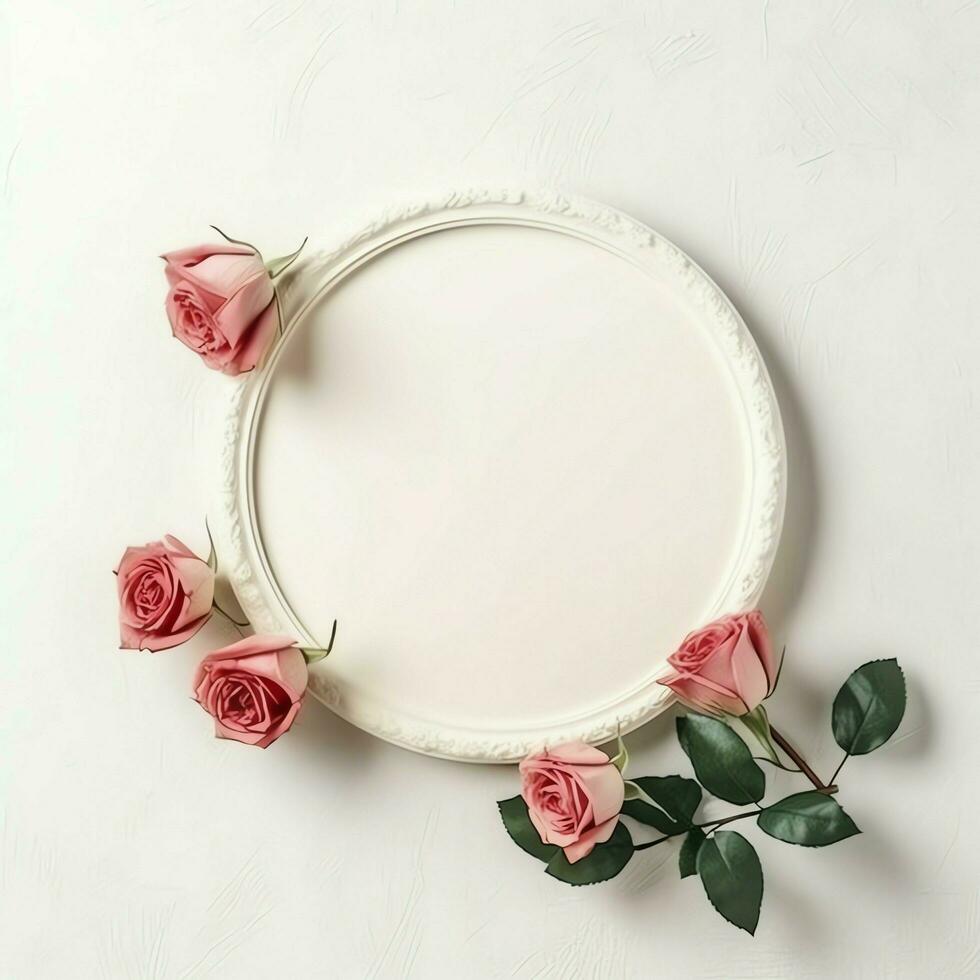 romántico ramo de flores de blanco floral rosado flores con Copiar espacio. natural floral Rosa marco diseño concepto por ai generado foto