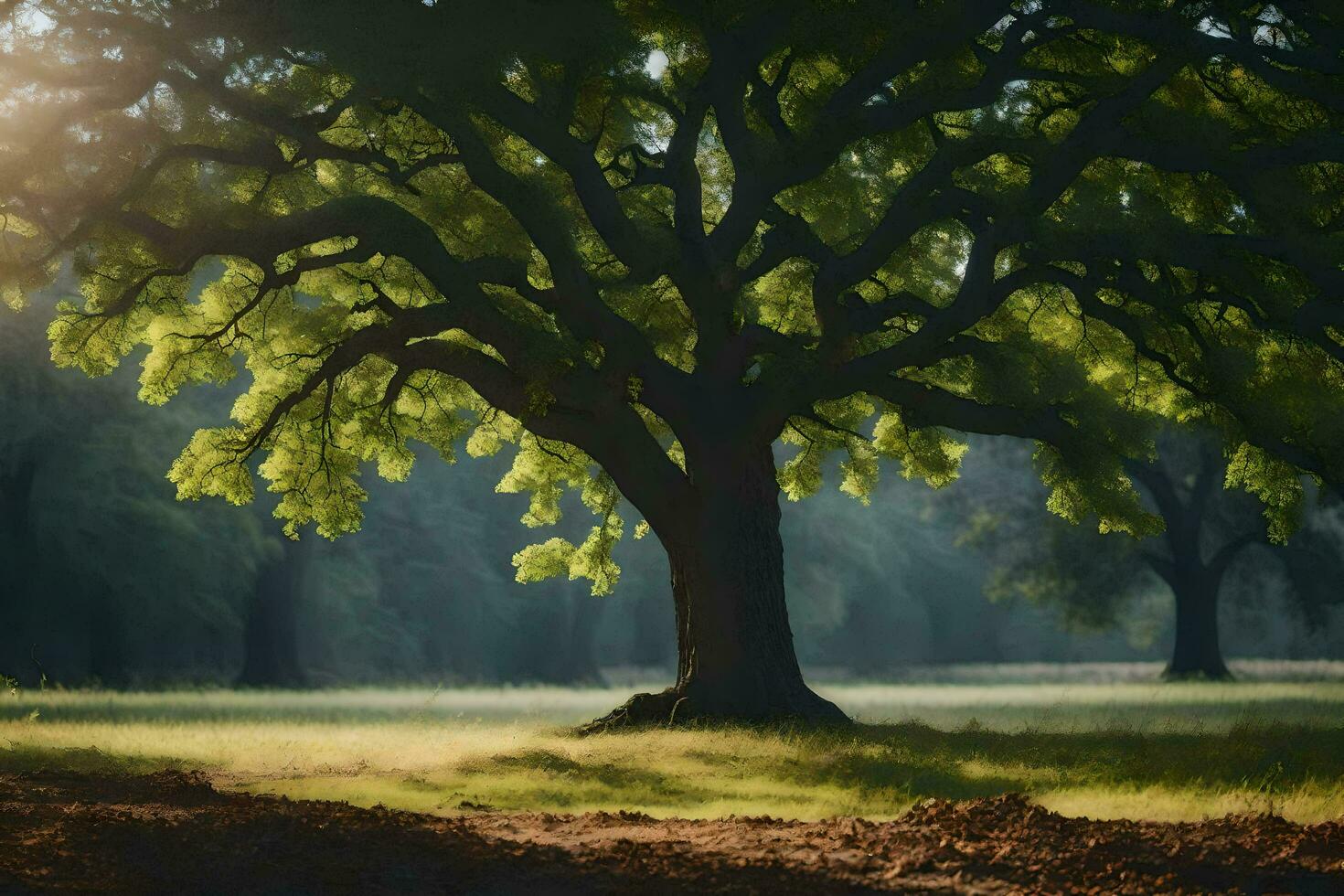 un grande árbol en el medio de un campo. generado por ai foto