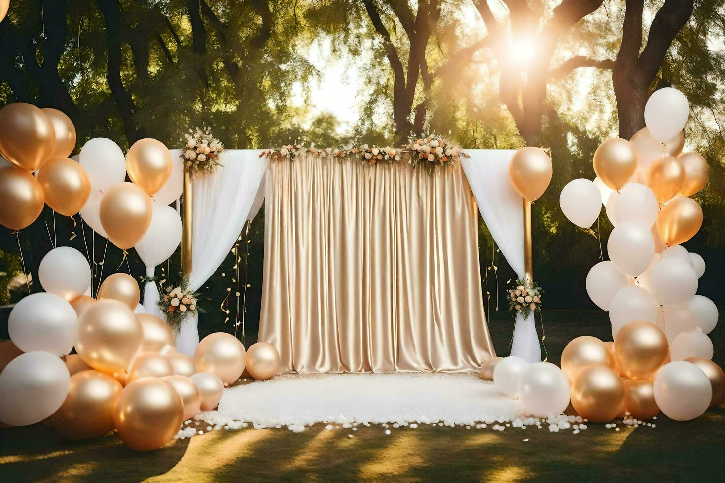 wedding backdrop with gold balloons and white drapes. AI-Generated photo
