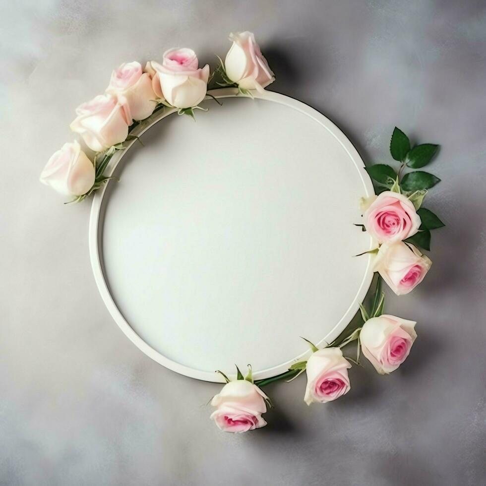 Romantic bouquet of blank floral pink blossoms with copy space. Natural floral rose frame layout concept by AI Generated photo