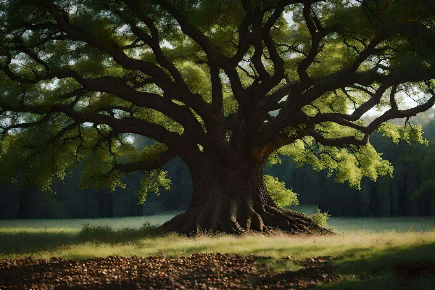 an old oak tree in the middle of a field. AI-Generated photo