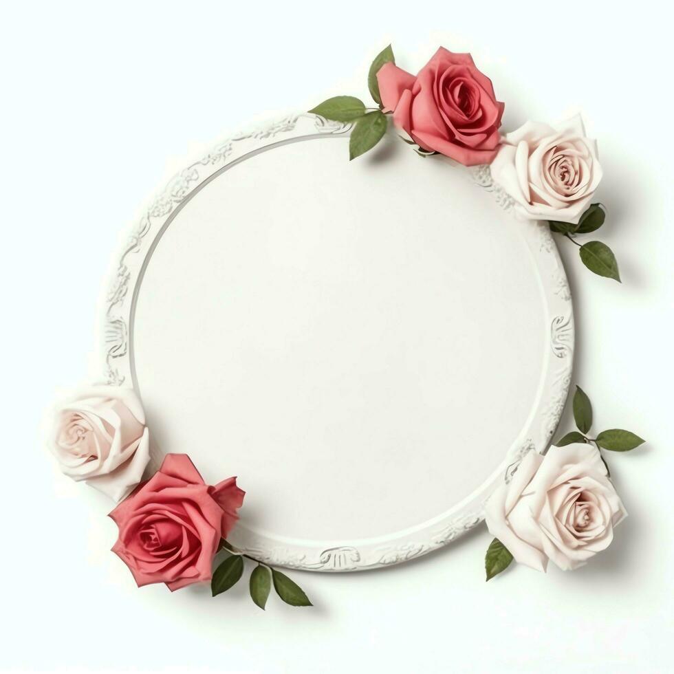 Romantic bouquet of blank floral pink blossoms with copy space. Natural floral rose frame layout concept by AI Generated photo