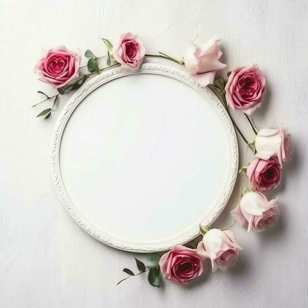 Romantic bouquet of blank floral pink blossoms with copy space. Natural floral rose frame layout concept by AI Generated photo