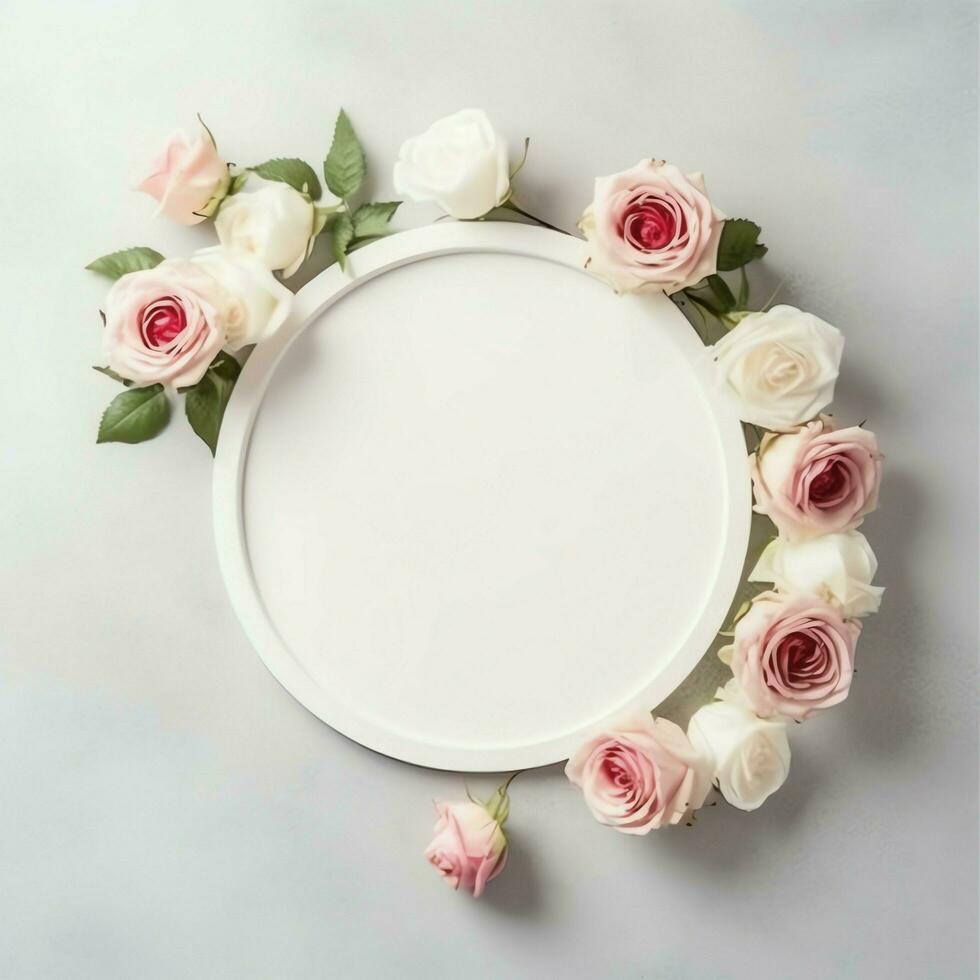 Romantic bouquet of blank floral pink blossoms with copy space. Natural floral rose frame layout concept by AI Generated photo