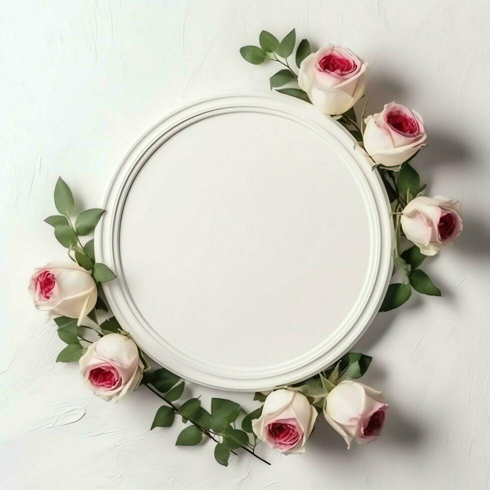 Romantic bouquet of blank floral pink blossoms with copy space. Natural floral rose frame layout concept by AI Generated photo