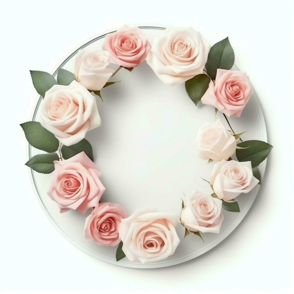 Romantic bouquet of blank floral pink blossoms with copy space. Natural floral rose frame layout concept by AI Generated photo