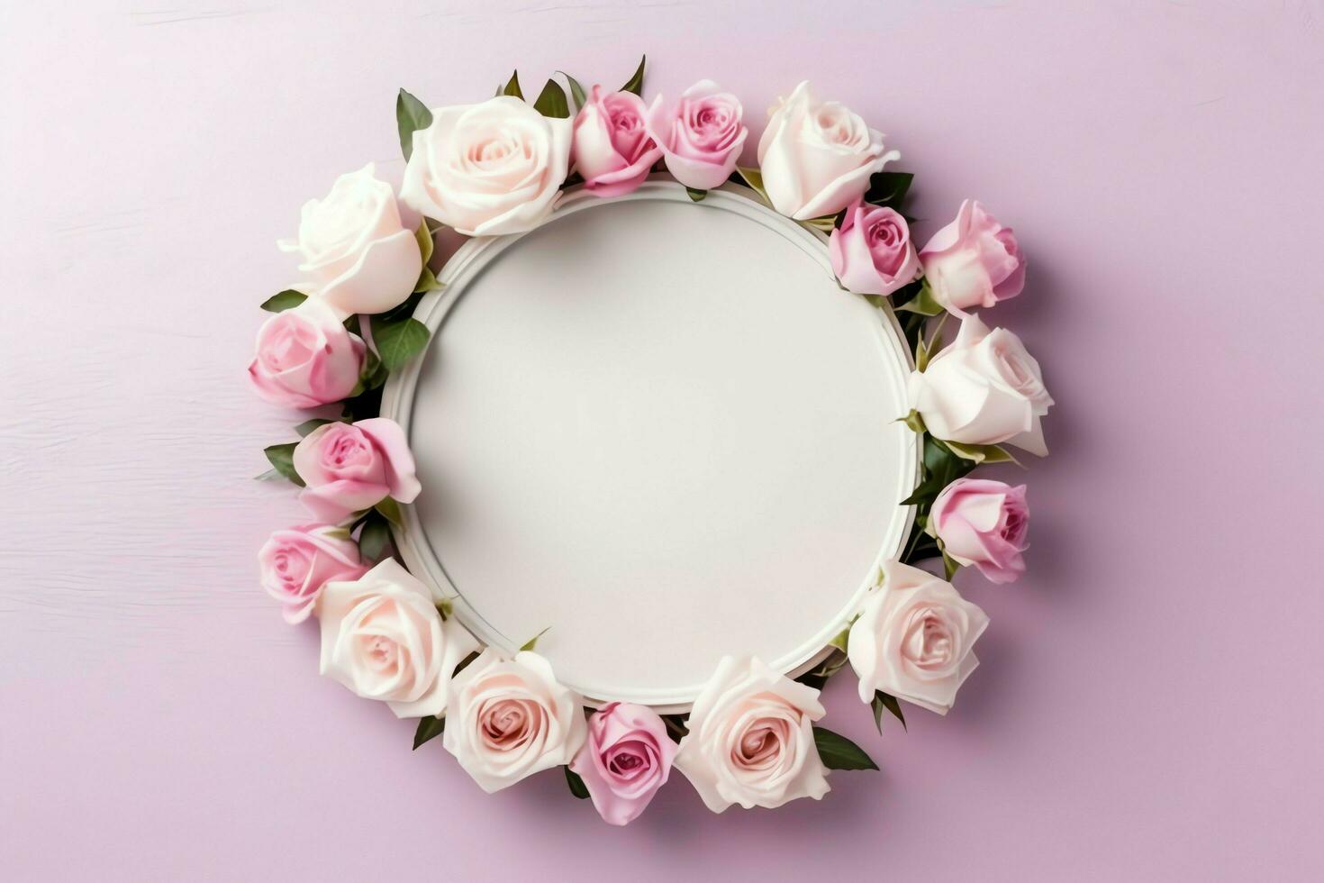 Romantic bouquet of blank floral pink blossoms with copy space. Natural floral rose frame layout concept by AI Generated photo