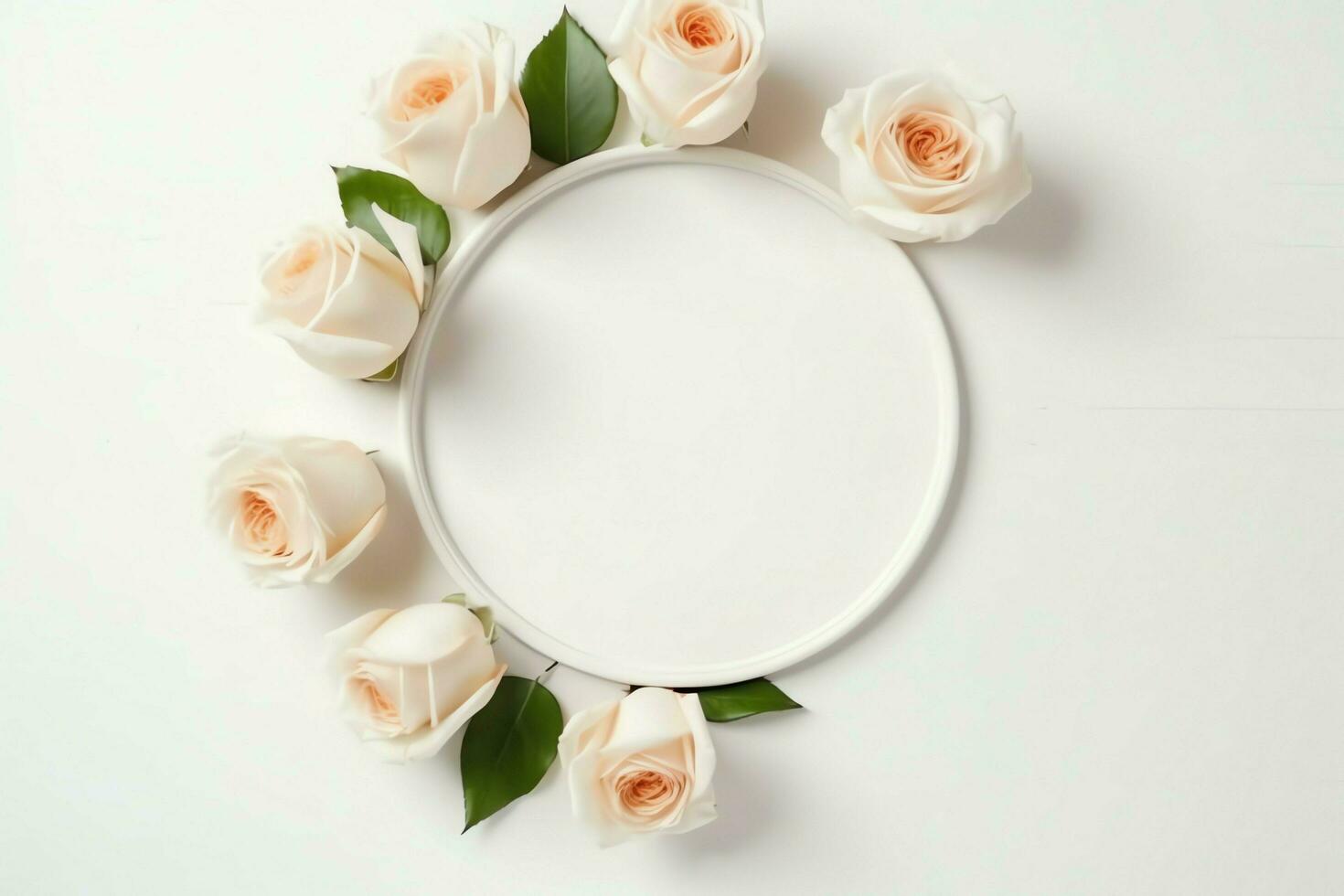 Romantic bouquet of blank floral pink blossoms with copy space. Natural floral rose frame layout concept by AI Generated photo