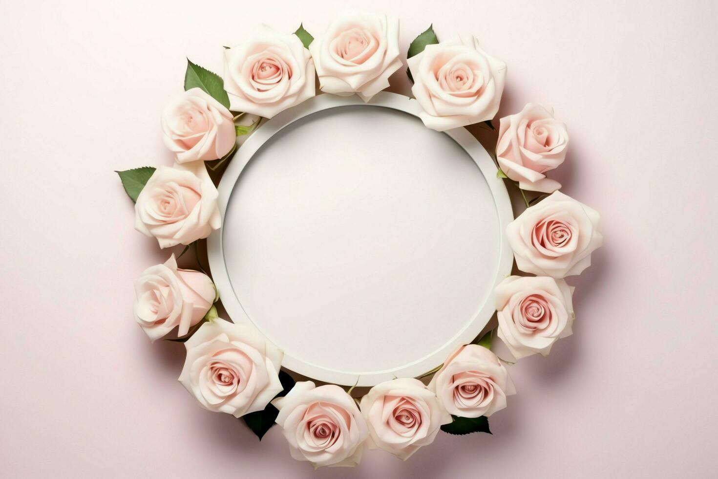 Romantic bouquet of blank floral pink blossoms with copy space. Natural floral rose frame layout concept by AI Generated photo