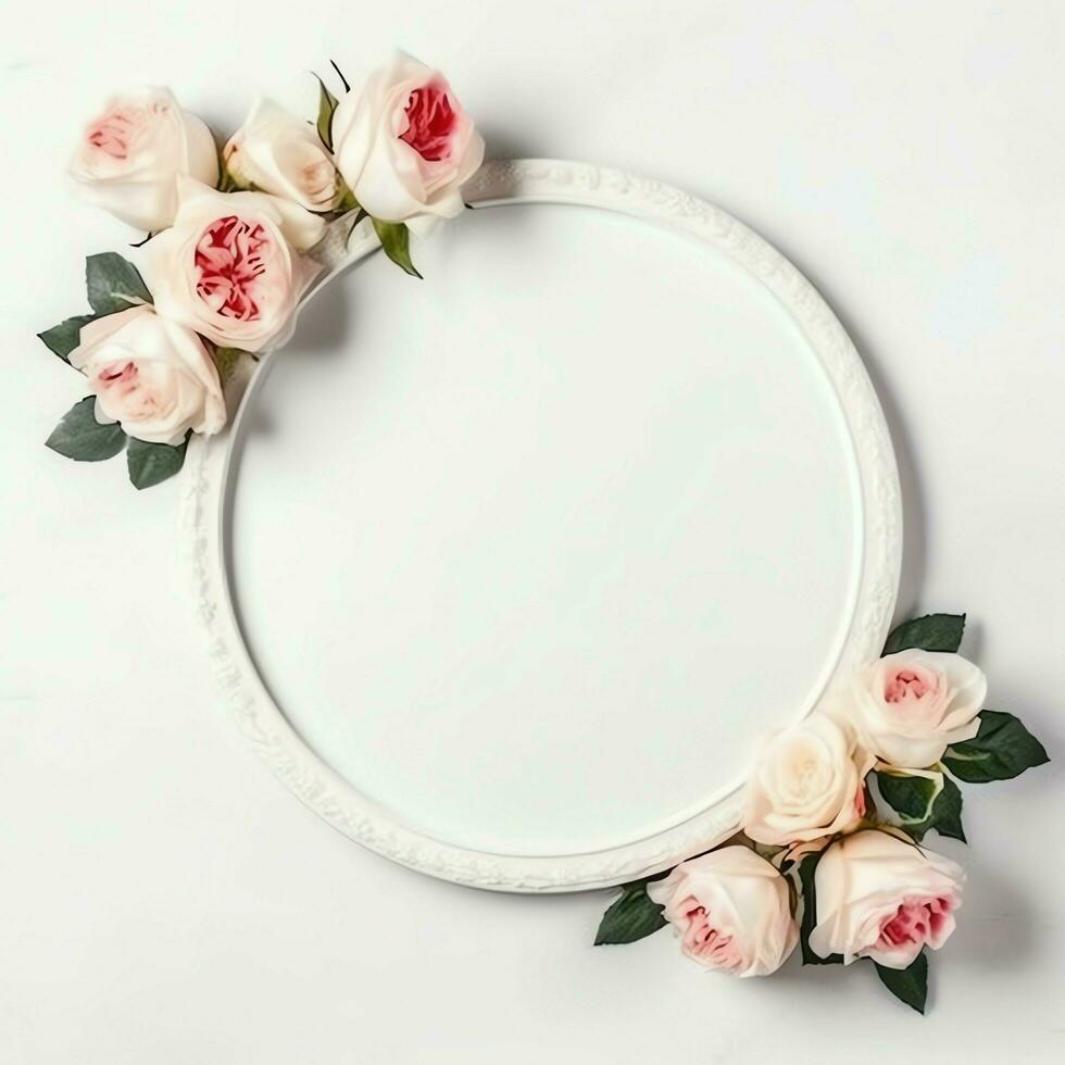 Romantic bouquet of blank floral pink blossoms with copy space. Natural floral rose frame layout concept by AI Generated photo