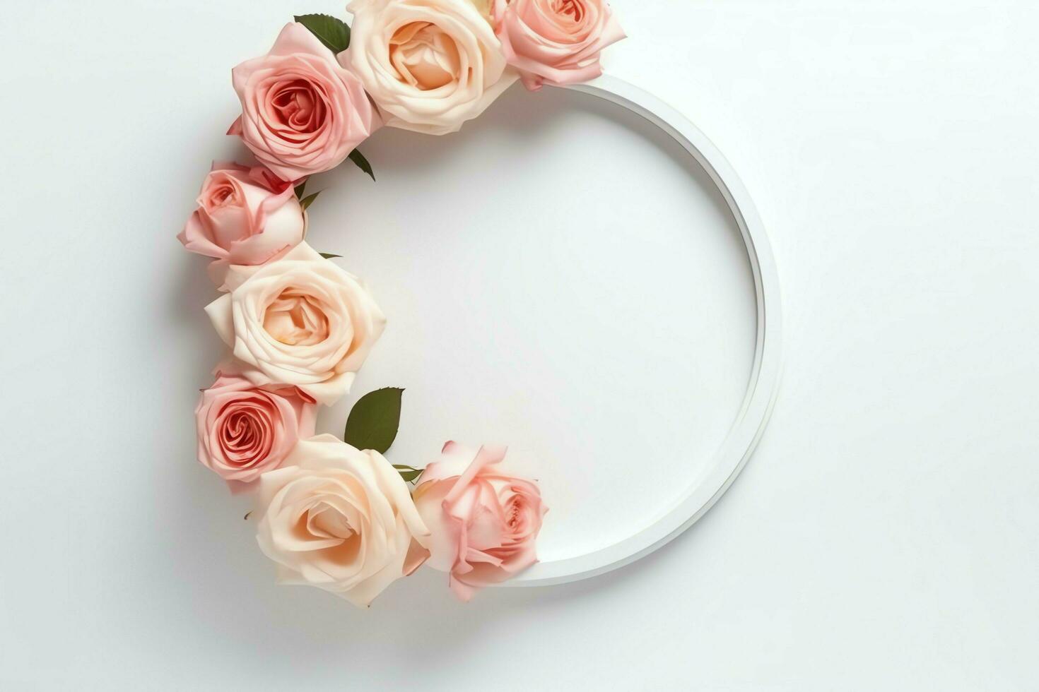 Romantic bouquet of blank floral pink blossoms with copy space. Natural floral rose frame layout concept by AI Generated photo