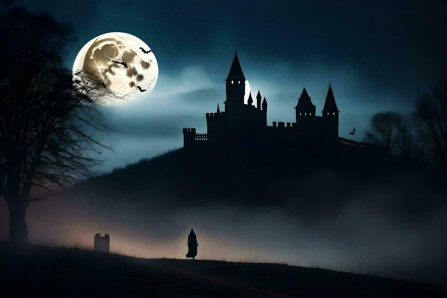 a castle in the fog with a full moon. AI-Generated photo