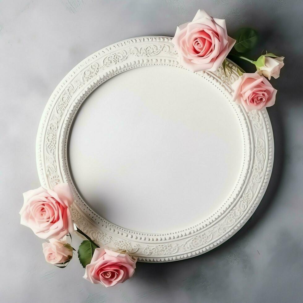 Romantic bouquet of blank floral pink blossoms with copy space. Natural floral rose frame layout concept by AI Generated photo