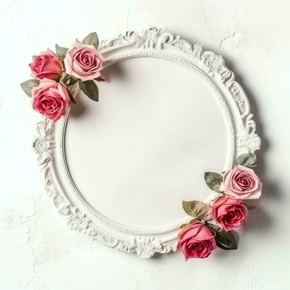 Romantic bouquet of blank floral pink blossoms with copy space. Natural floral rose frame layout concept by AI Generated photo