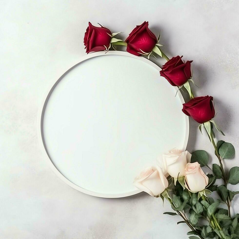 Romantic bouquet of blank floral pink blossoms with copy space. Natural floral rose frame layout concept by AI Generated photo