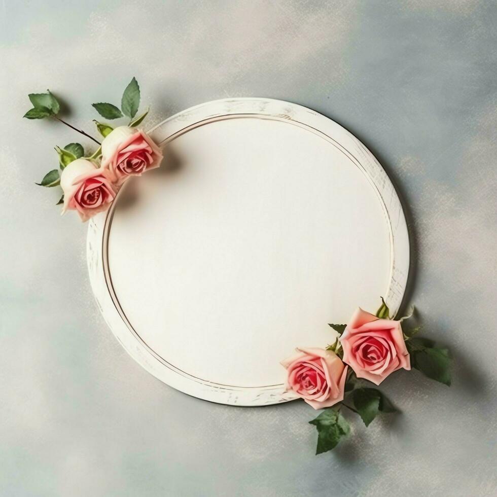 Romantic bouquet of blank floral pink blossoms with copy space. Natural floral rose frame layout concept by AI Generated photo
