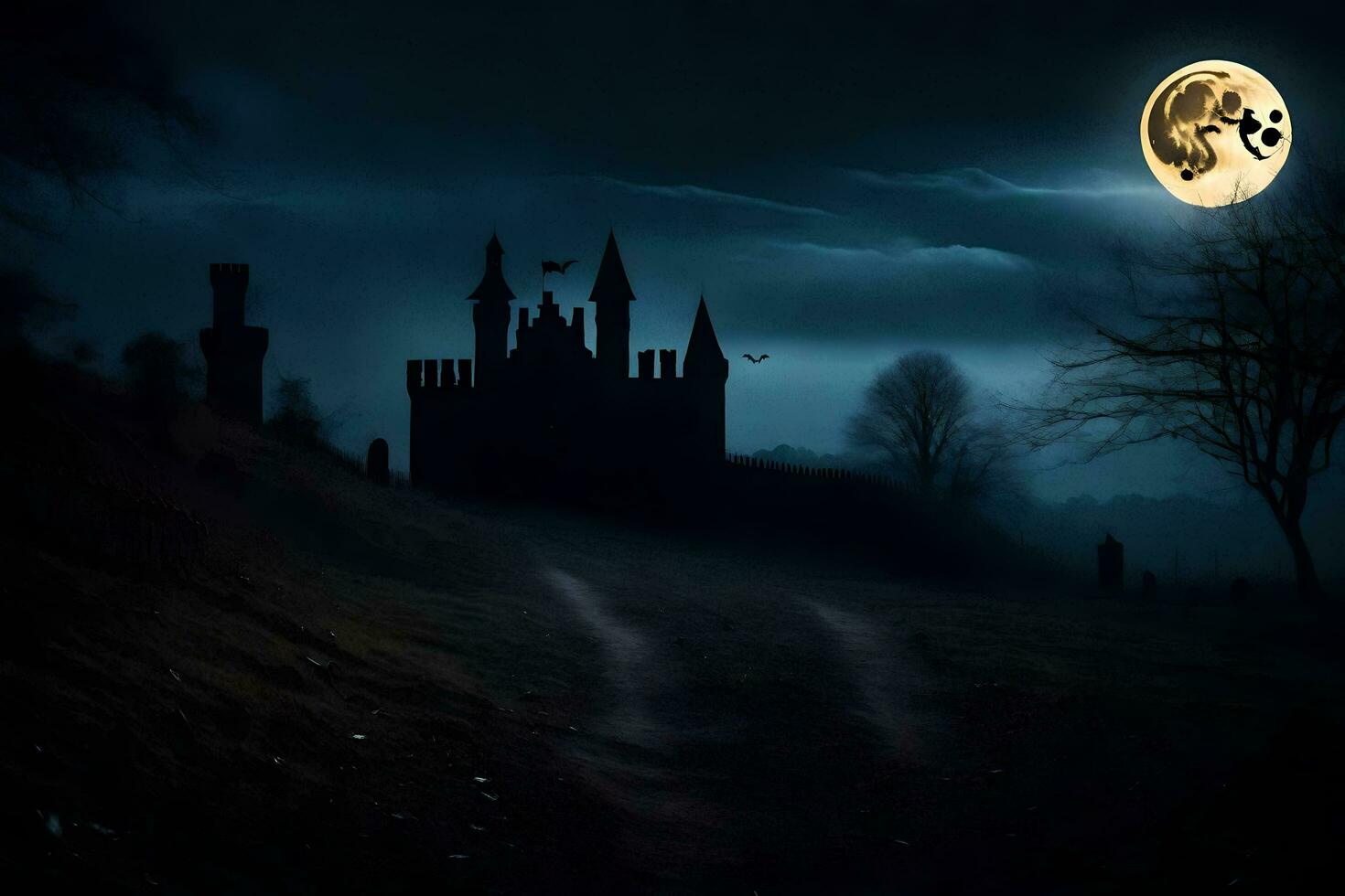 a full moon is seen over a castle in the dark. AI-Generated photo